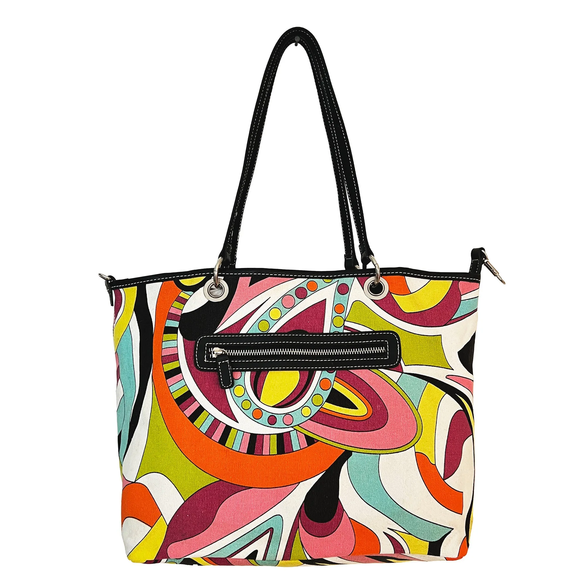 1970s Mod Multicolor Hippie Canvas Shoulder Bag - Reverses to Black Handbag 15 in.