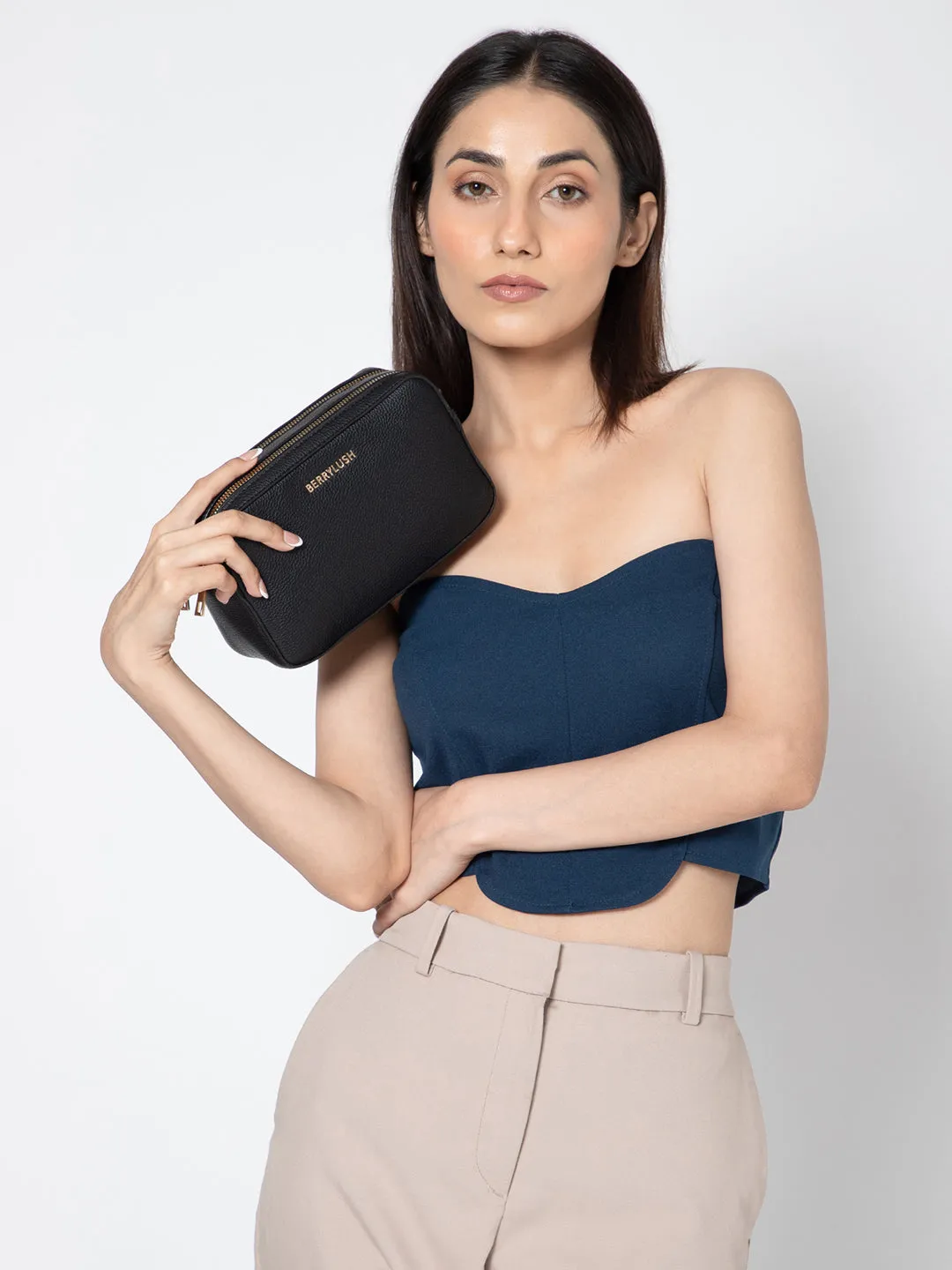 Berrylush Women Solid Black Synthetic Leather Detachable Strap Embellished Regular Sling Bag