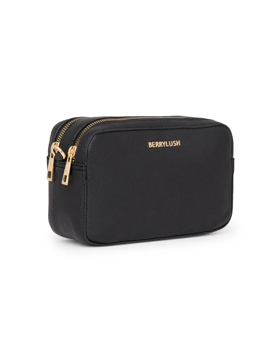 Berrylush Women Solid Black Synthetic Leather Detachable Strap Embellished Regular Sling Bag