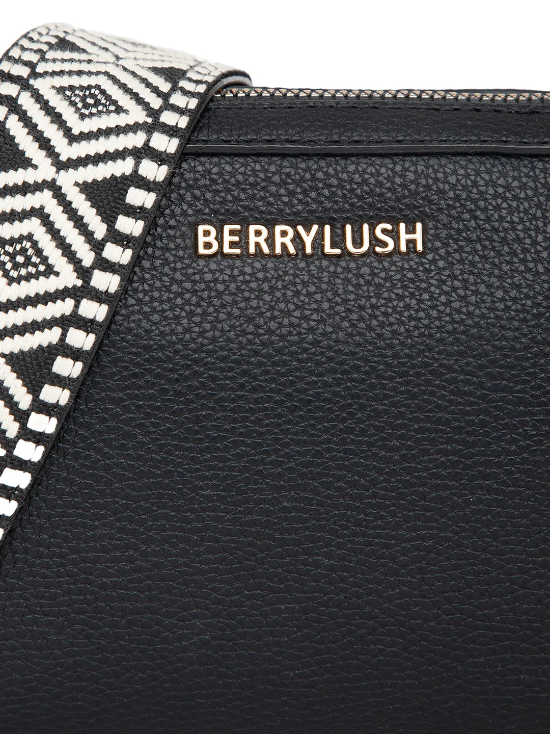 Berrylush Women Solid Black Synthetic Leather Detachable Strap Embellished Regular Sling Bag