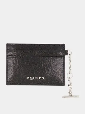 Black Crackled Leather Card Holder with Silver Chain