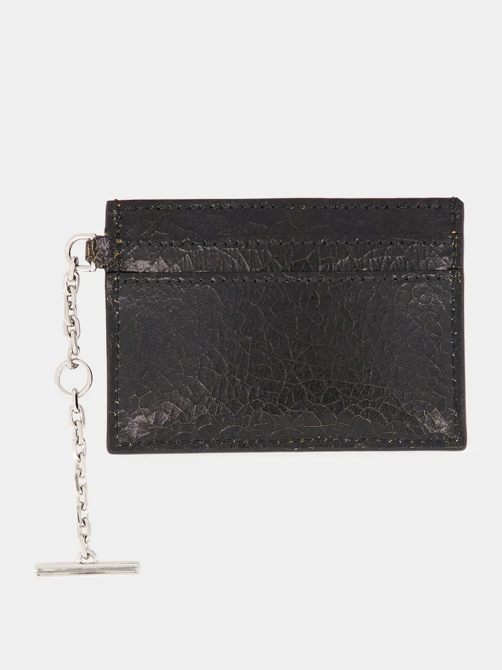 Black Crackled Leather Card Holder with Silver Chain