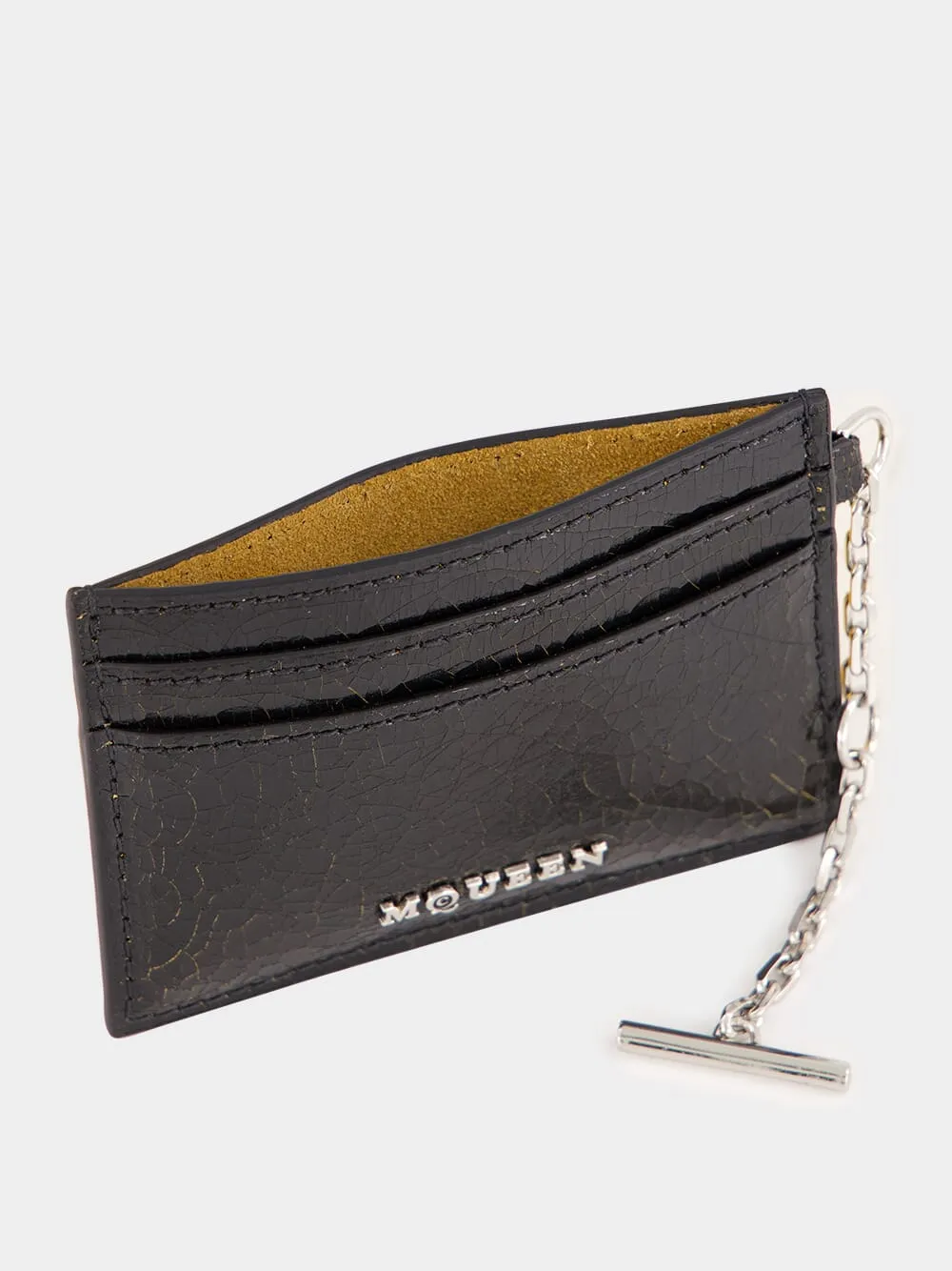 Black Crackled Leather Card Holder with Silver Chain