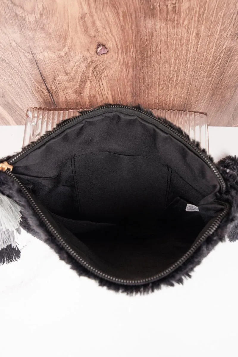 Black Fria Faux Fur Wristlet Tassel Pouch