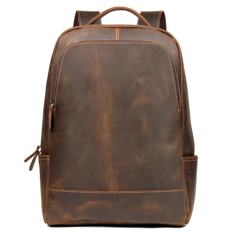 Brown Casual Mens Leather 16-inch Large Computer Backpack Travel Backpacks Laptop Backpack for men