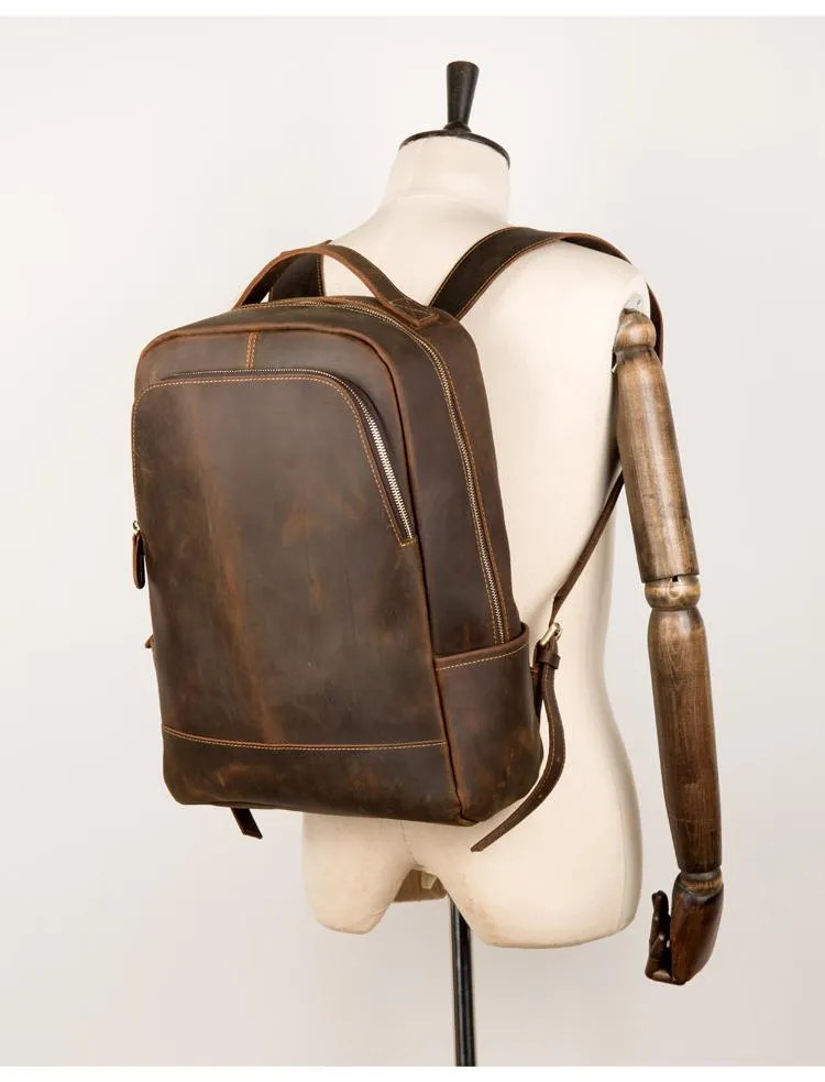Brown Casual Mens Leather 16-inch Large Computer Backpack Travel Backpacks Laptop Backpack for men