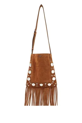 Brown Copper Suede Crossbody Bag With Studs And Fringe