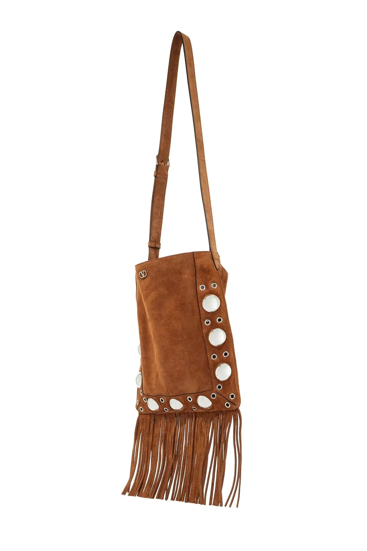 Brown Copper Suede Crossbody Bag With Studs And Fringe