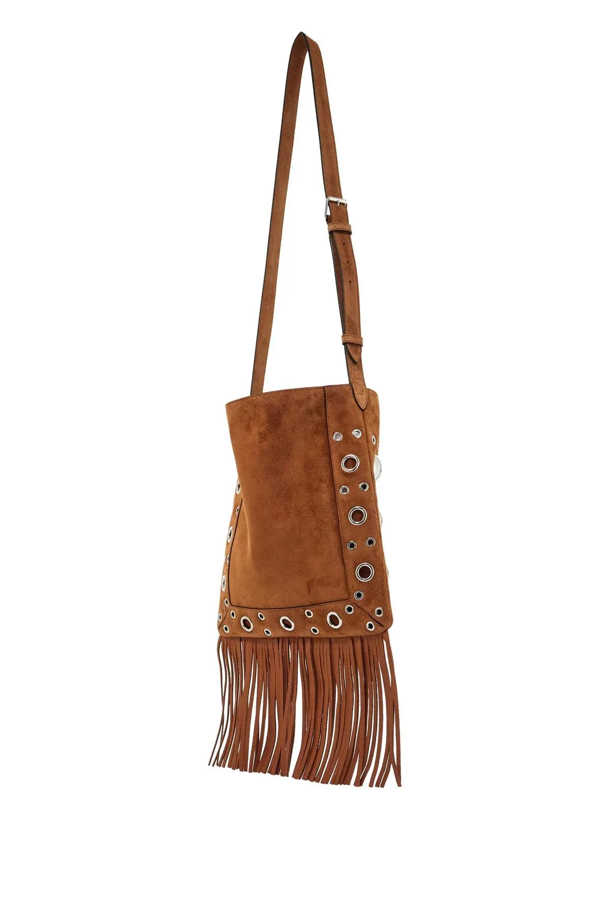 Brown Copper Suede Crossbody Bag With Studs And Fringe