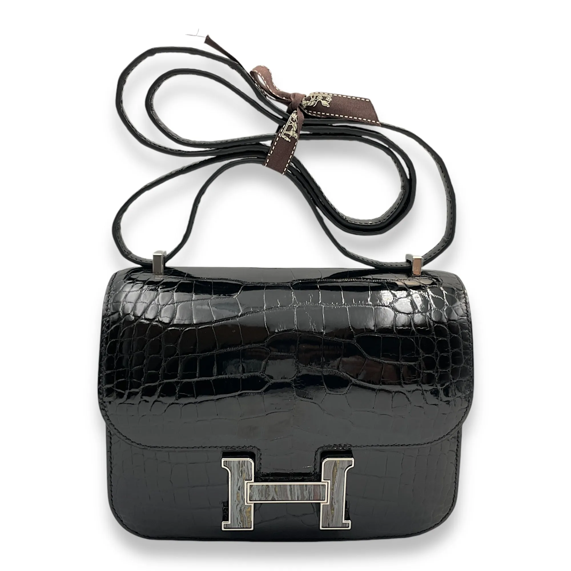 Constance 18 Black in Shiny Alligator, Oeil De Fer Palladium hardware