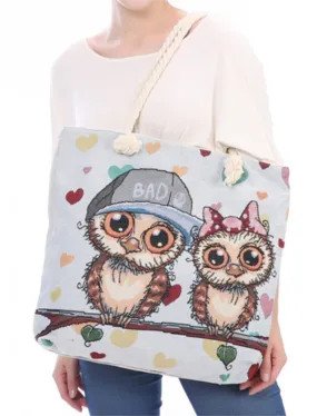 Deluxe Cute Bad Owl Reusable Grocery Shopping Women Totes Bag Rope Handles