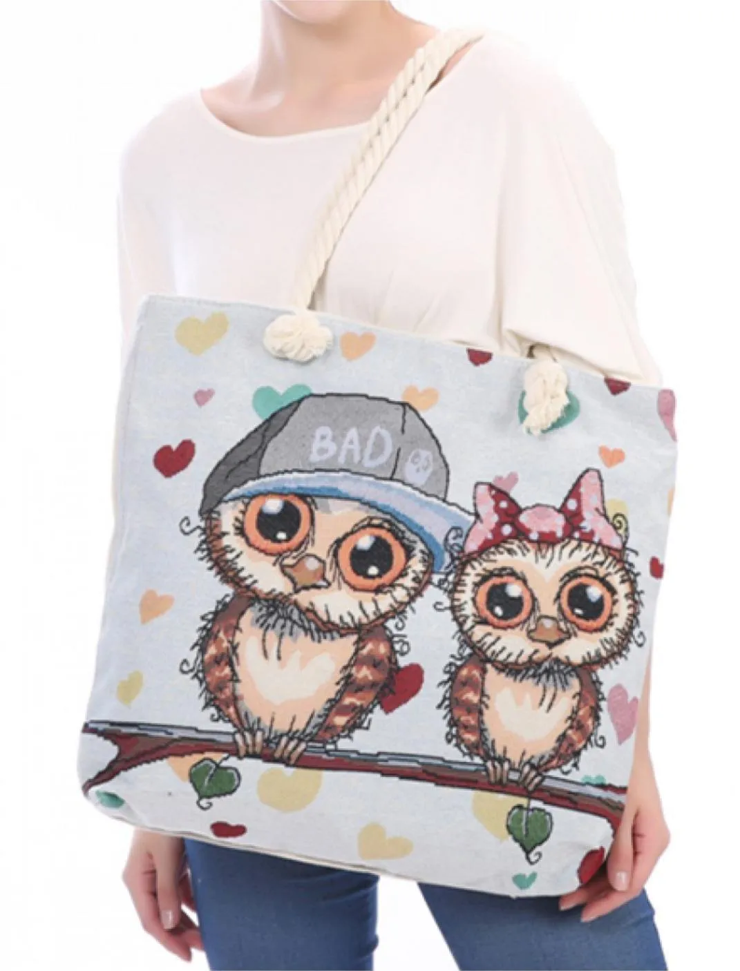 Deluxe Cute Bad Owl Reusable Grocery Shopping Women Totes Bag Rope Handles