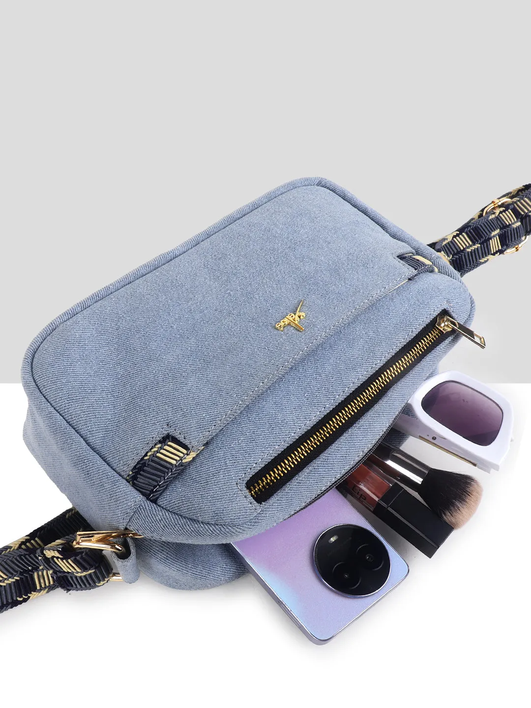 Denim Blue Multicompartment Sling Bag For Women