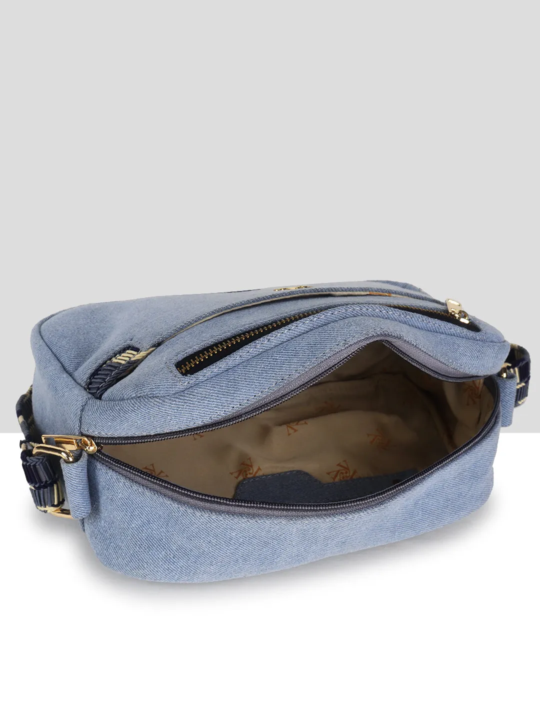 Denim Blue Multicompartment Sling Bag For Women