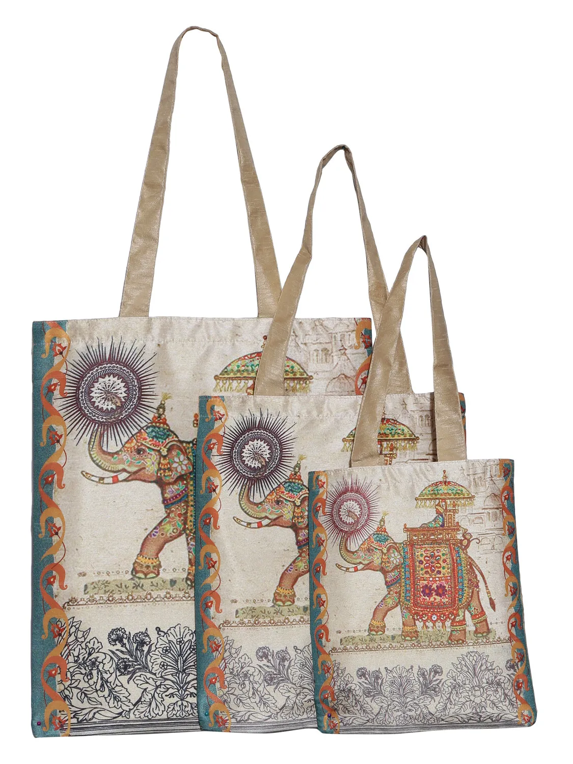 Digitally Printed Shopping Bag Tote Set Of 3 Small Medium Large Faux Silk Dupion,Elephant With Mahawat