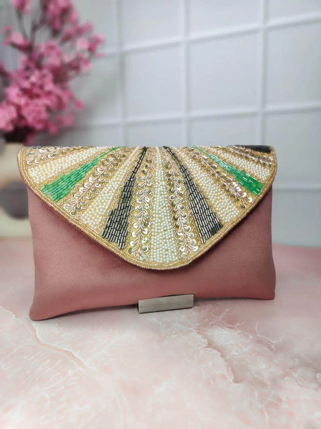 Embellished Clutch With Button Closure