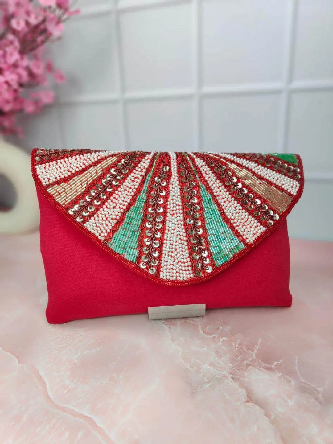 Embellished Clutch With Button Closure