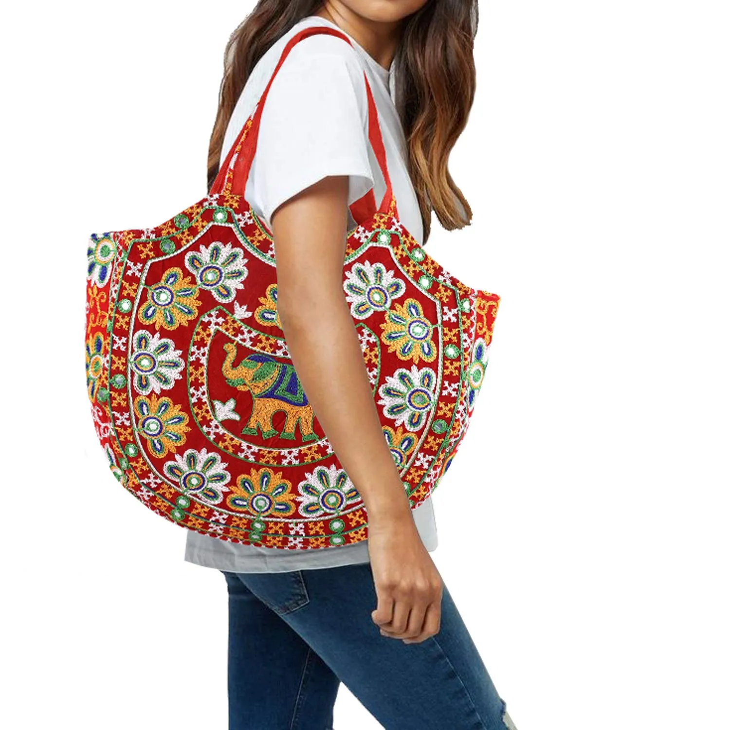 Heart Home Multiuses Velvet Floral Design Hand Bag/Tote Bag For Daily Trips, Travel, Office (Red) 52HH3990