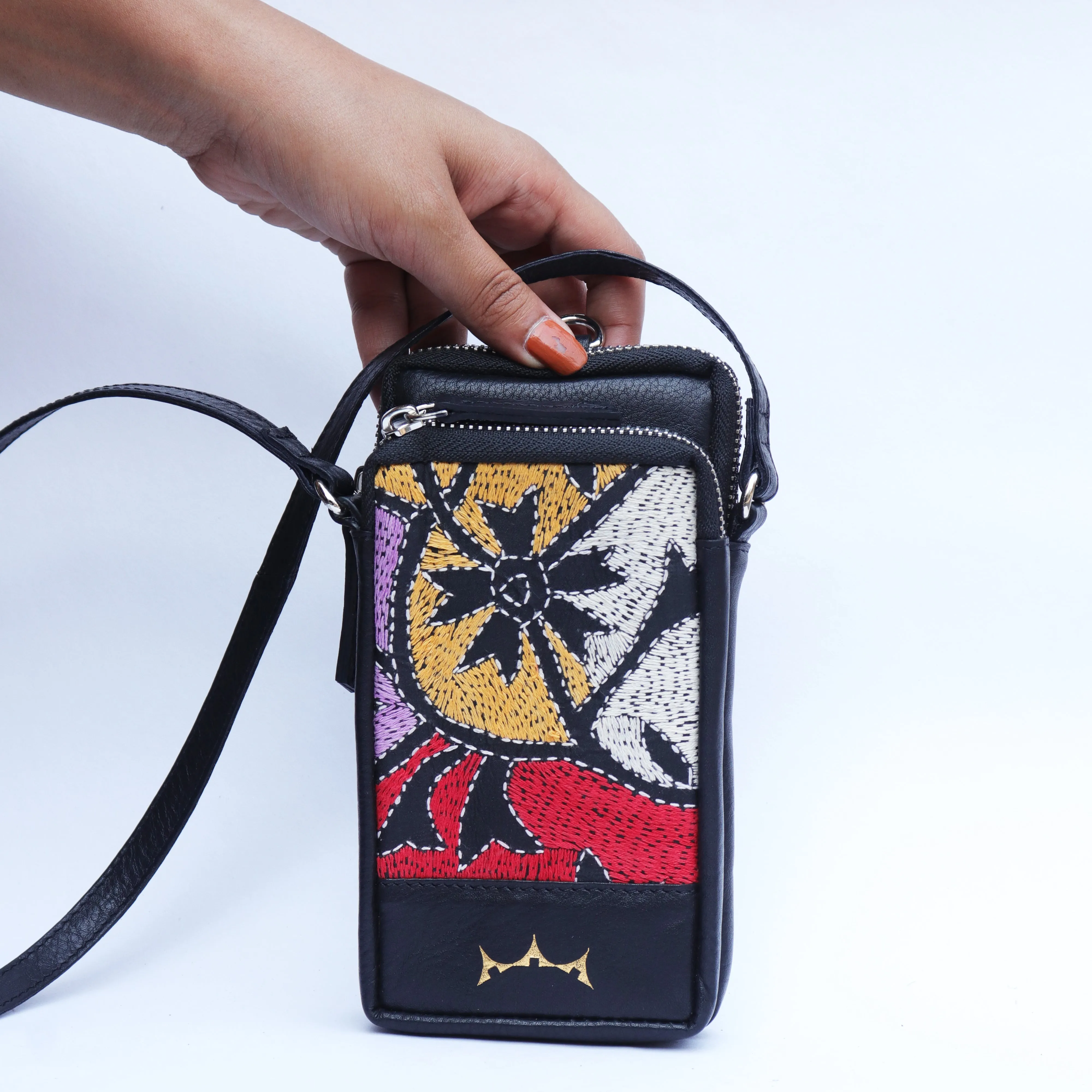 Leather Embroidery Mobile Sling - Black