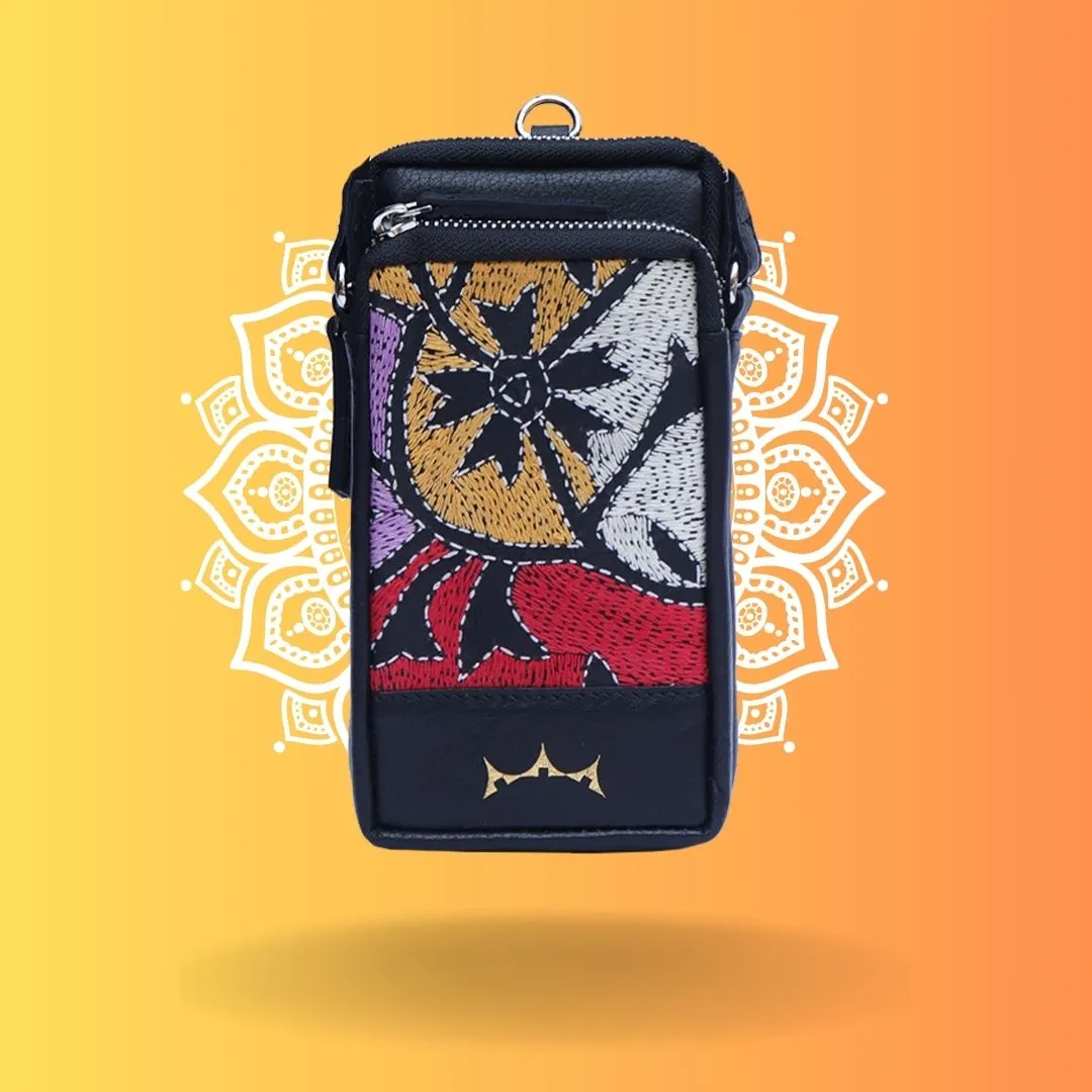 Leather Embroidery Mobile Sling - Black