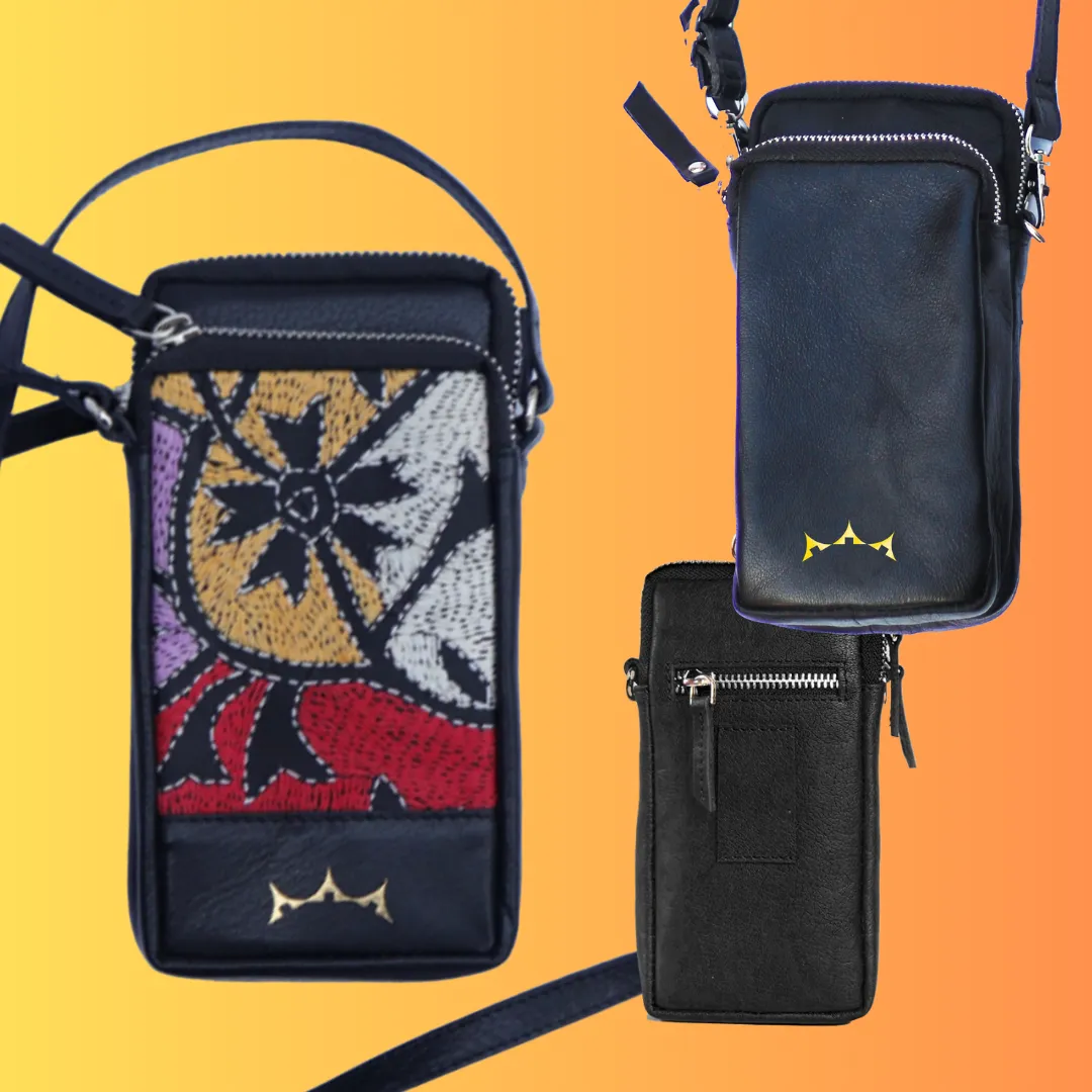 Leather Embroidery Mobile Sling - Black