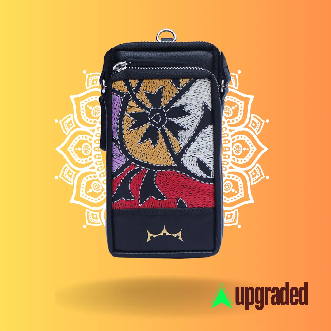 Leather Embroidery Mobile Sling - Black