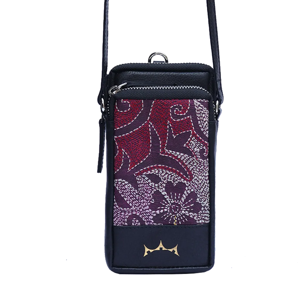 Leather Embroidery Mobile Sling - Black