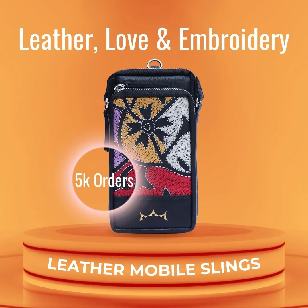 Leather Embroidery Mobile Sling - Black