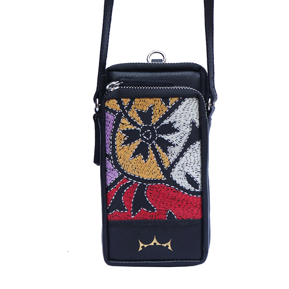 Leather Embroidery Mobile Sling - Black