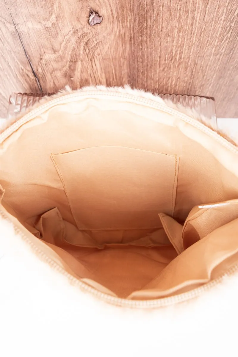 Taupe Fria Faux Fur Wristlet Tassel Pouch