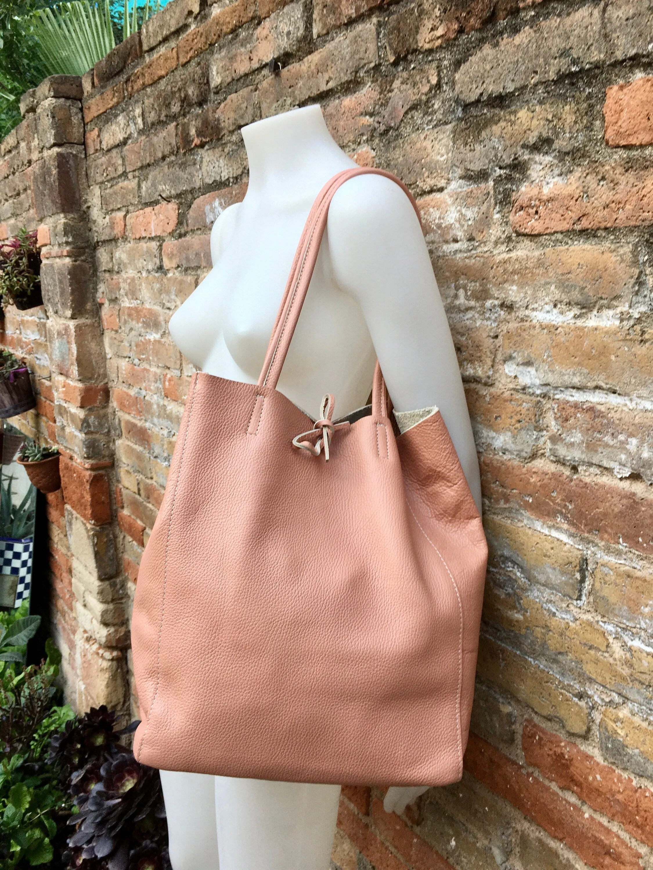 Tote leather bag in soft PINK. Leather shopper in pink. Soft natural GENUINE  leather . Large pastel pink bag for your laptop, books