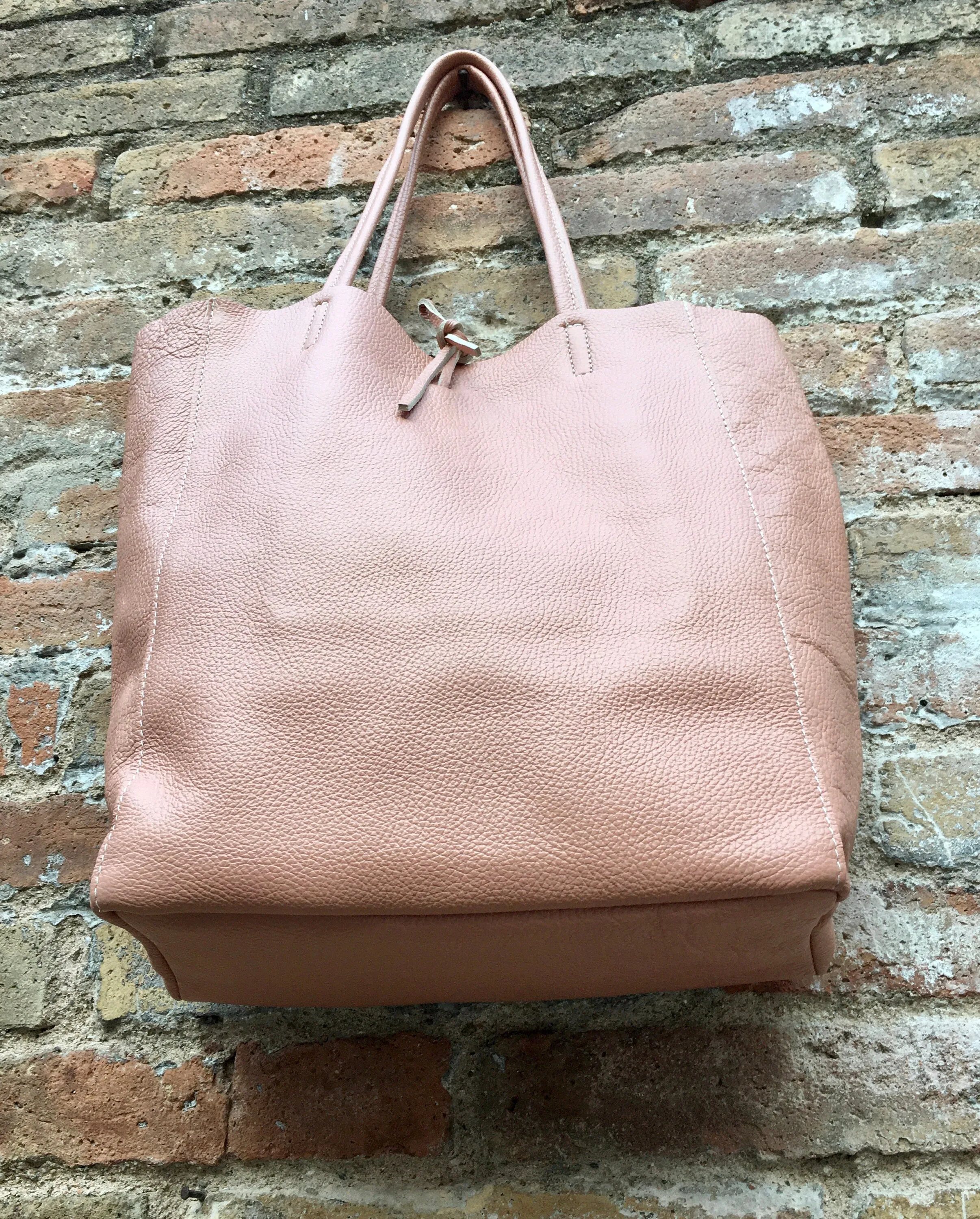 Tote leather bag in soft PINK. Leather shopper in pink. Soft natural GENUINE  leather . Large pastel pink bag for your laptop, books