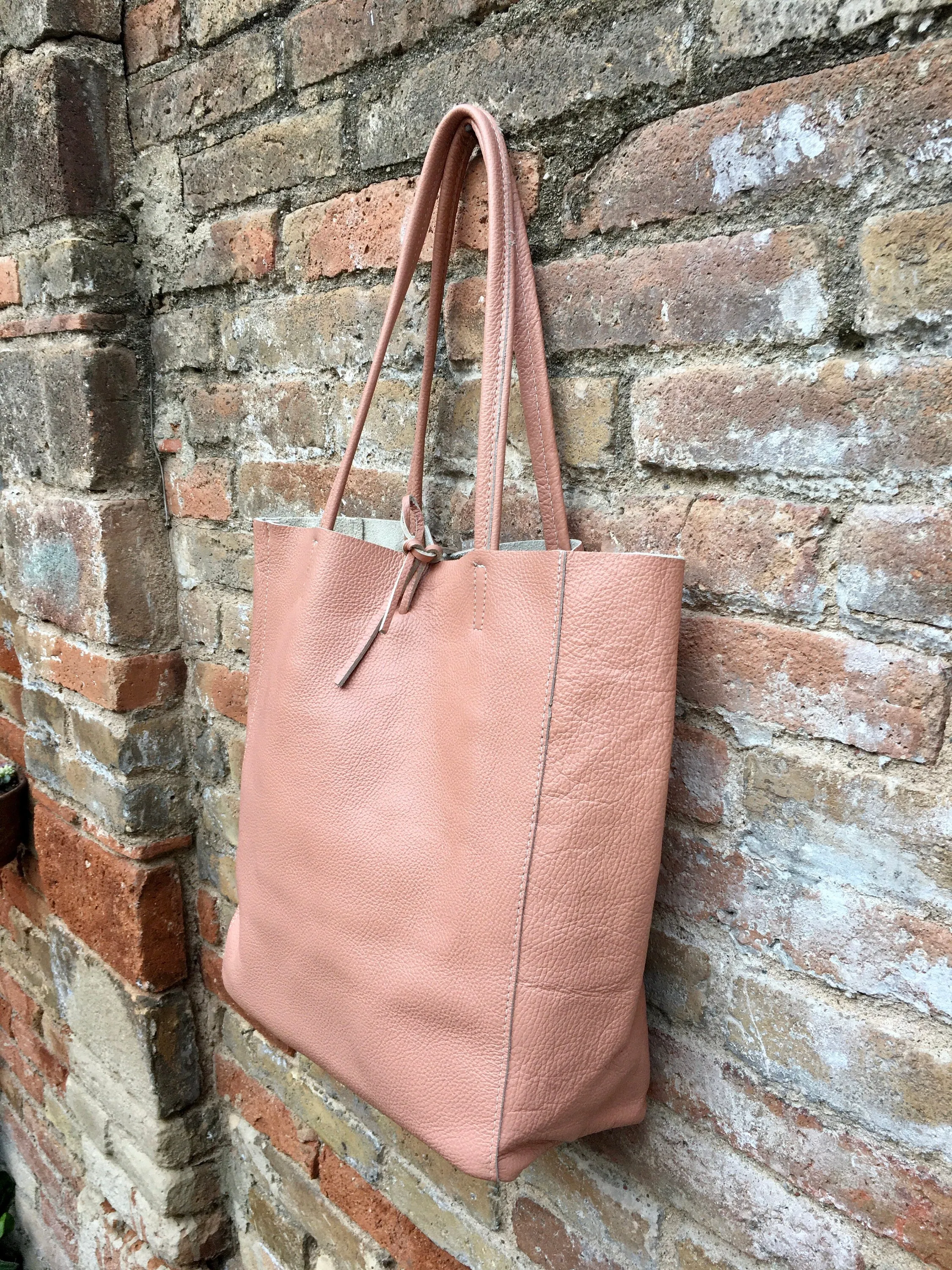 Tote leather bag in soft PINK. Leather shopper in pink. Soft natural GENUINE  leather . Large pastel pink bag for your laptop, books