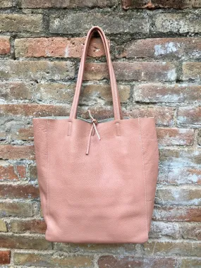 Tote leather bag in soft PINK. Leather shopper in pink. Soft natural GENUINE  leather . Large pastel pink bag for your laptop, books