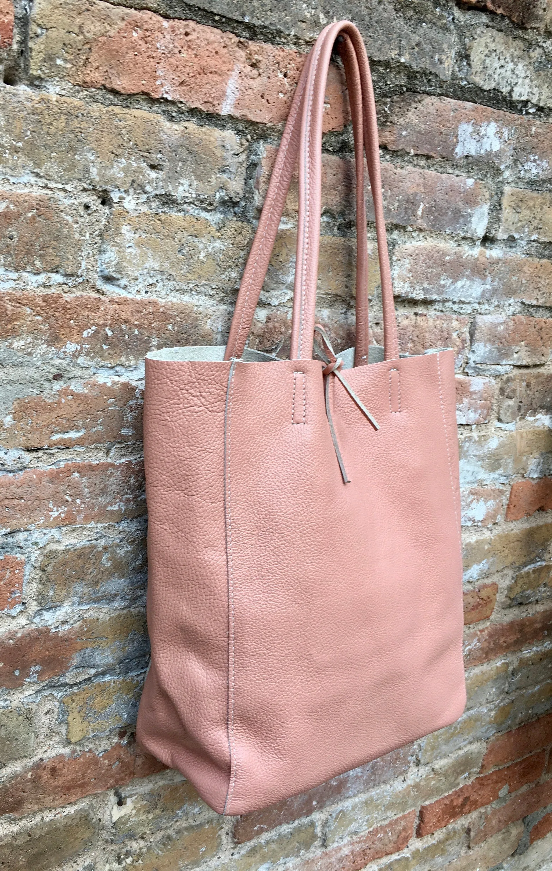 Tote leather bag in soft PINK. Leather shopper in pink. Soft natural GENUINE  leather . Large pastel pink bag for your laptop, books