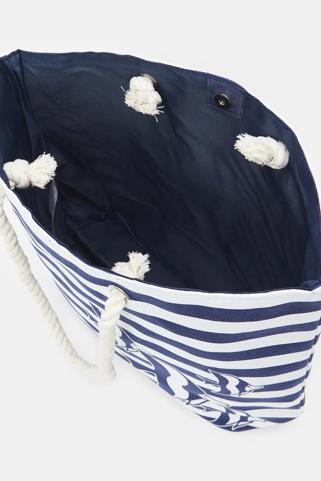 Women Navy And White Striped Beach Bag
