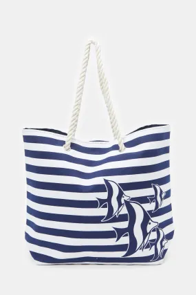 Women Navy And White Striped Beach Bag
