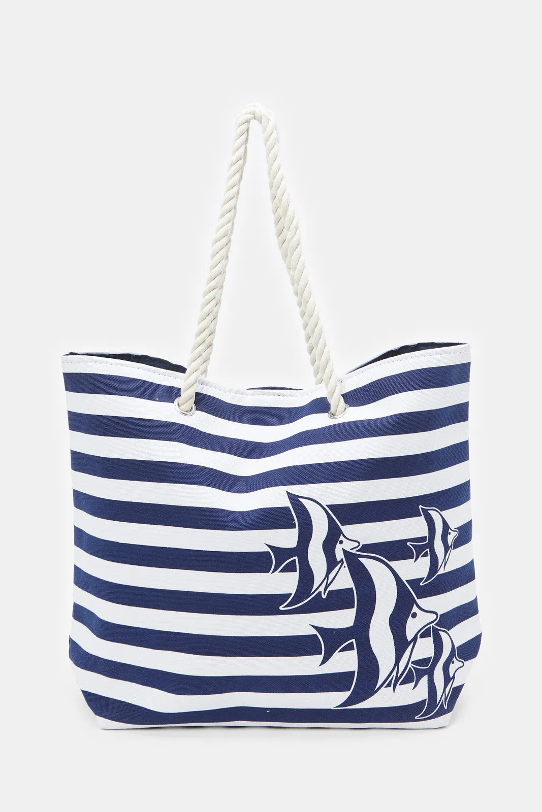 Women Navy And White Striped Beach Bag