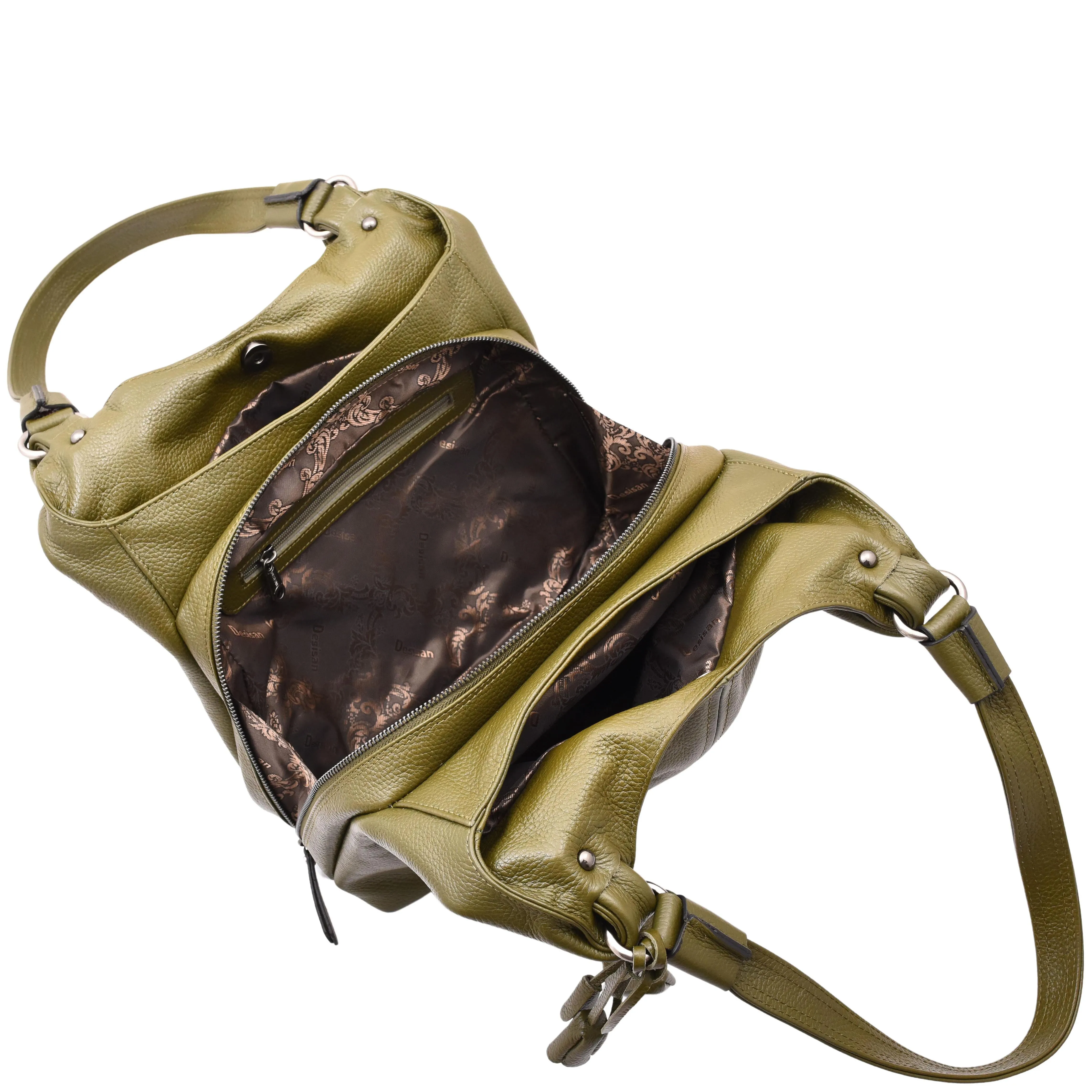 Womens Leather Shoulder Zip Opening Large Hobo Bag Kimberly Olive