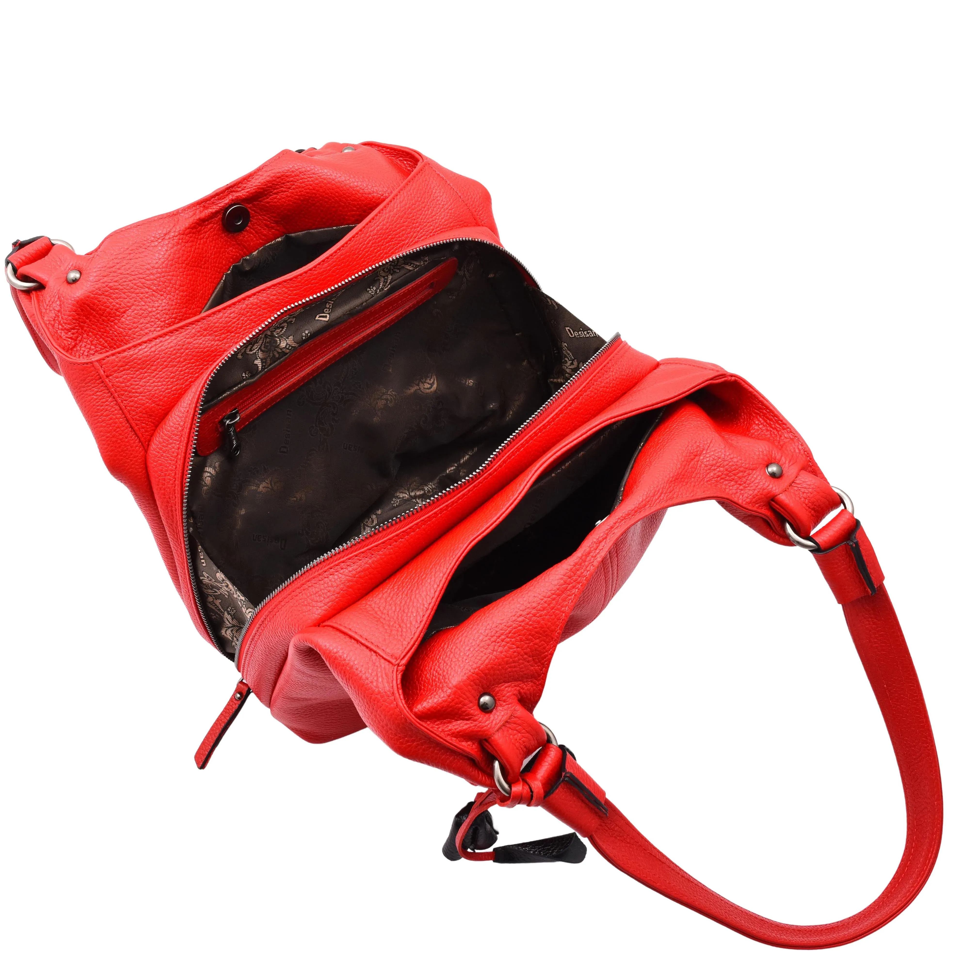Womens Leather Shoulder Zip Opening Large Hobo Bag Kimberly Red
