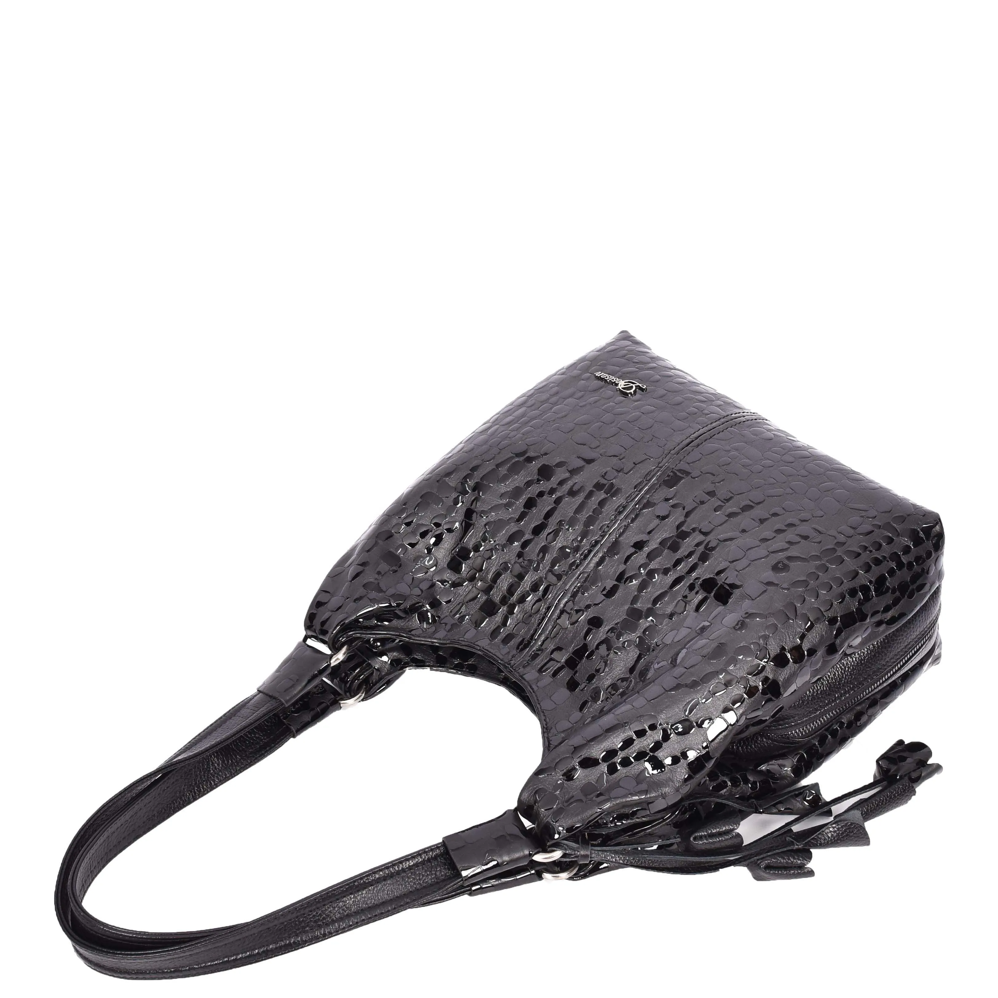 Women's Real Leather Croc-print Shoulder Bag Zip Opening Large Hobo Handbag Kimberly Black