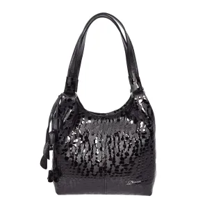 Women's Real Leather Croc-print Shoulder Bag Zip Opening Large Hobo Handbag Kimberly Black