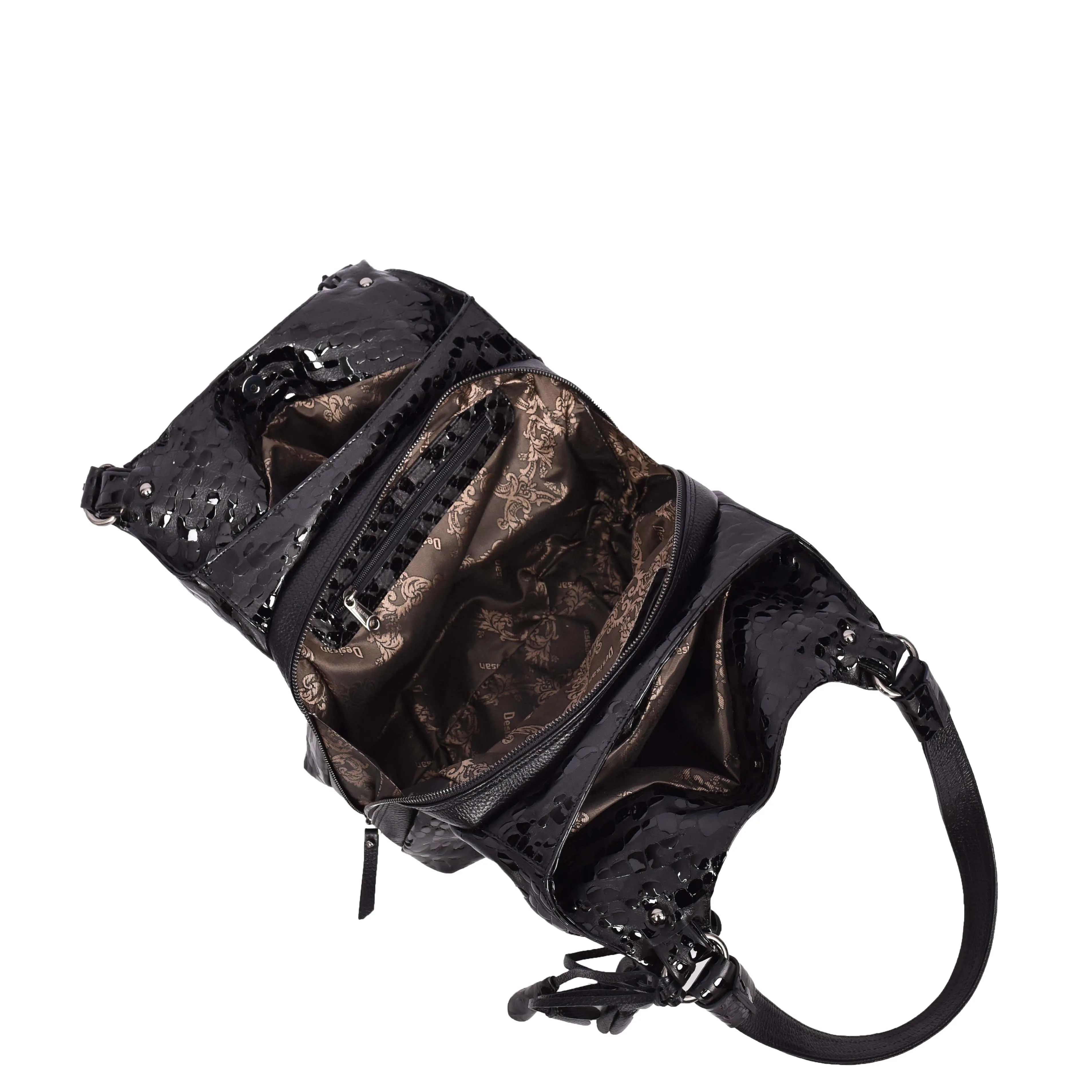 Women's Real Leather Croc-print Shoulder Bag Zip Opening Large Hobo Handbag Kimberly Black