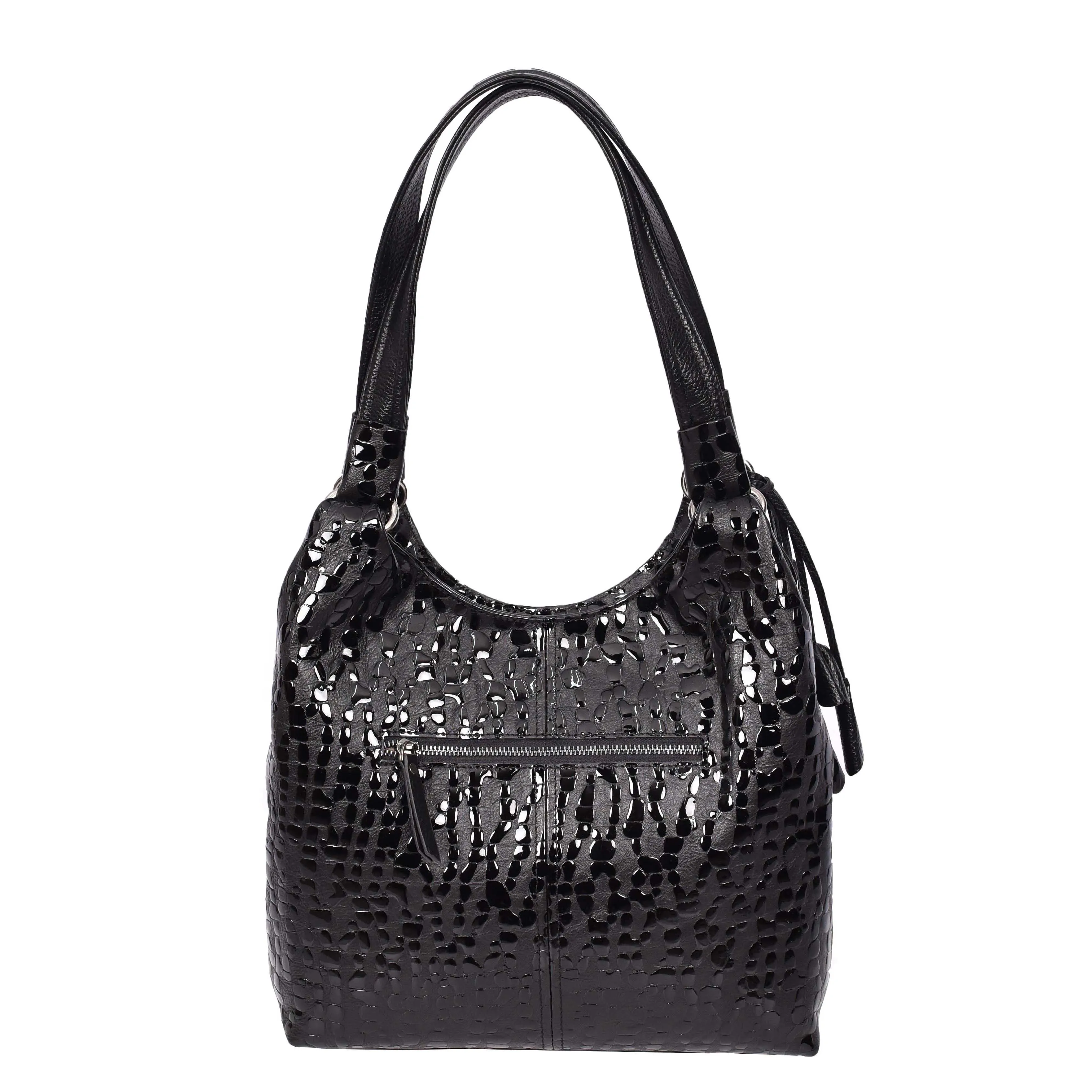 Women's Real Leather Croc-print Shoulder Bag Zip Opening Large Hobo Handbag Kimberly Black